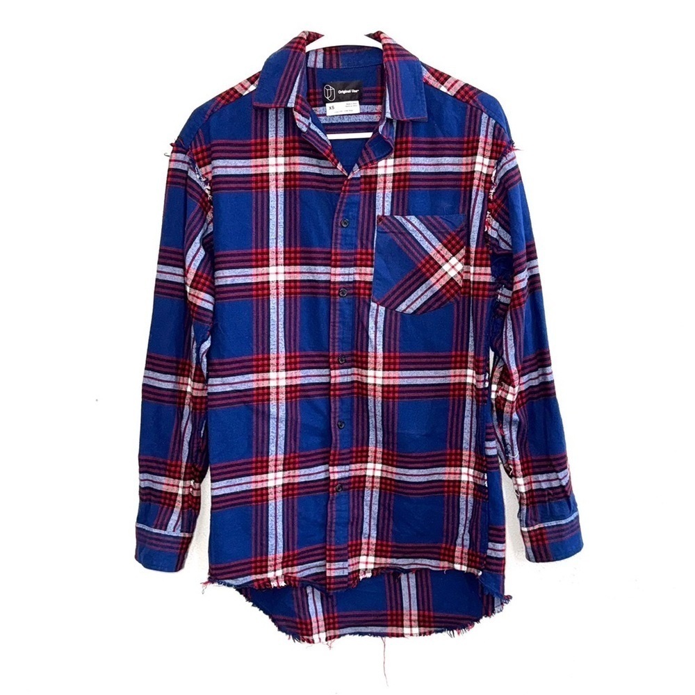 Original Use Plaid Long Sleeve Button Down Flannel Shirt Long Line Size XS